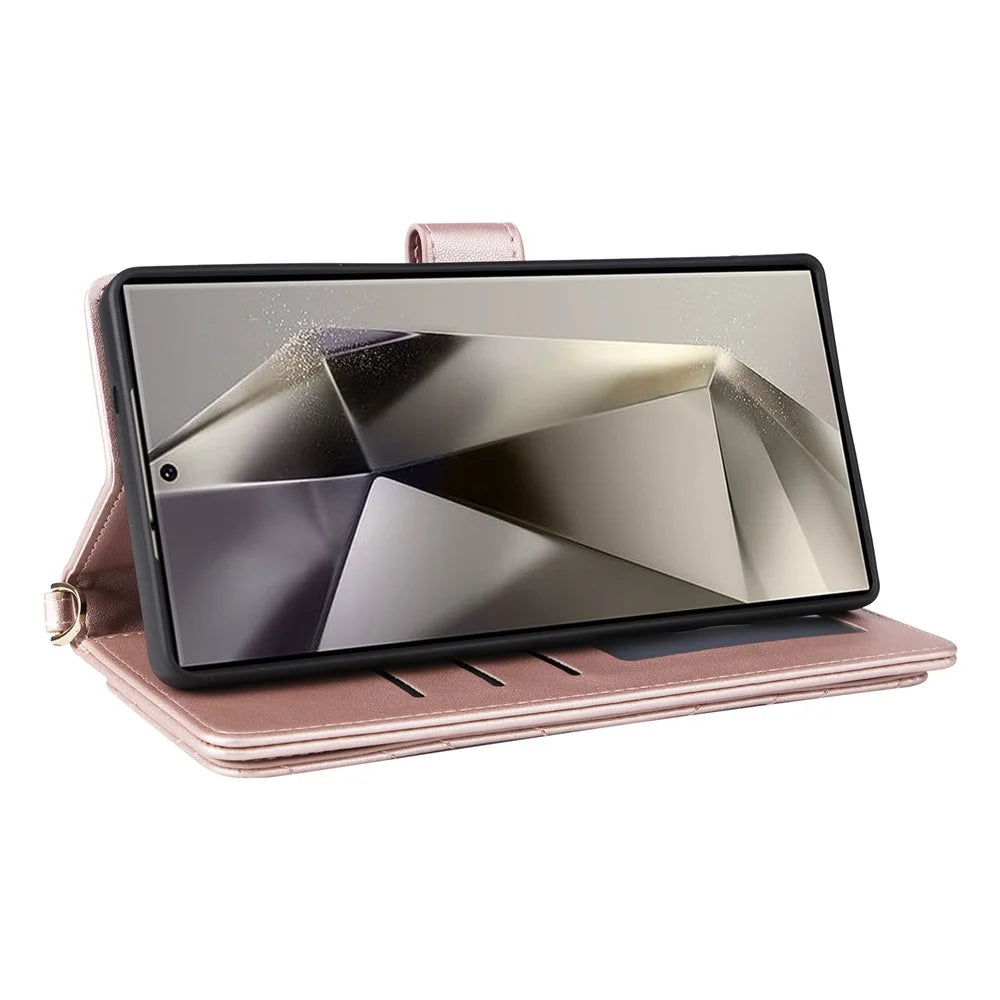For Samsung Galaxy S25 Ultra Wallet Case with Shoulder / Wrist Strap Leather Phone Cover Stand - Pink - 4