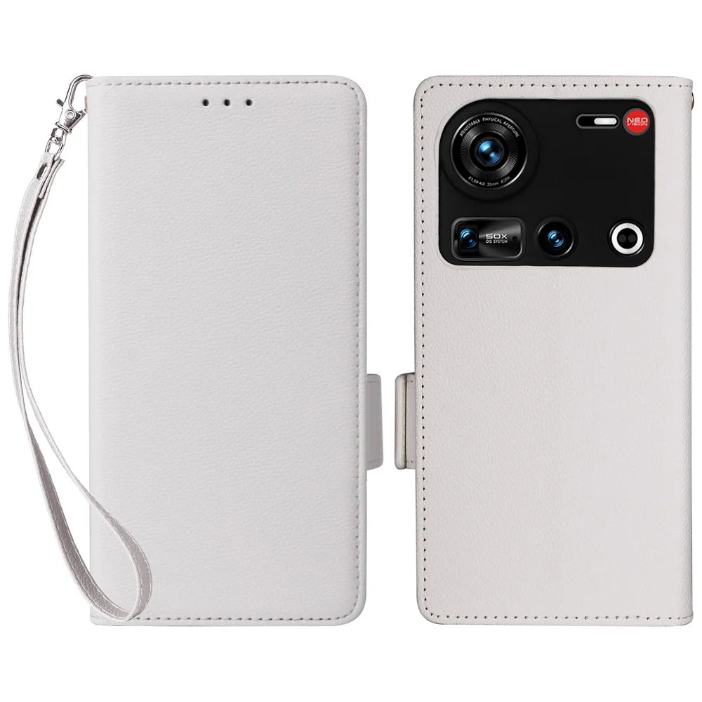 For ZTE nubia Z70S Ultra 5G / nubia Z70 Ultra 5G Case with Wrist Strap Litchi Texture PU Leather Wallet Phone Cover - White - 1