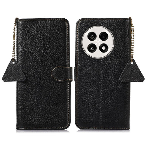 For OnePlus Ace 5 5G / 13R 5G Case RFID Blocking Genuine Cow Leather Phone Cover Litchi Texture - Black - 1