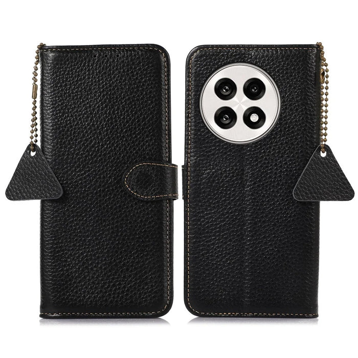 For OnePlus Ace 5 5G / 13R 5G Case RFID Blocking Genuine Cow Leather Phone Cover Litchi Texture - Black - 1