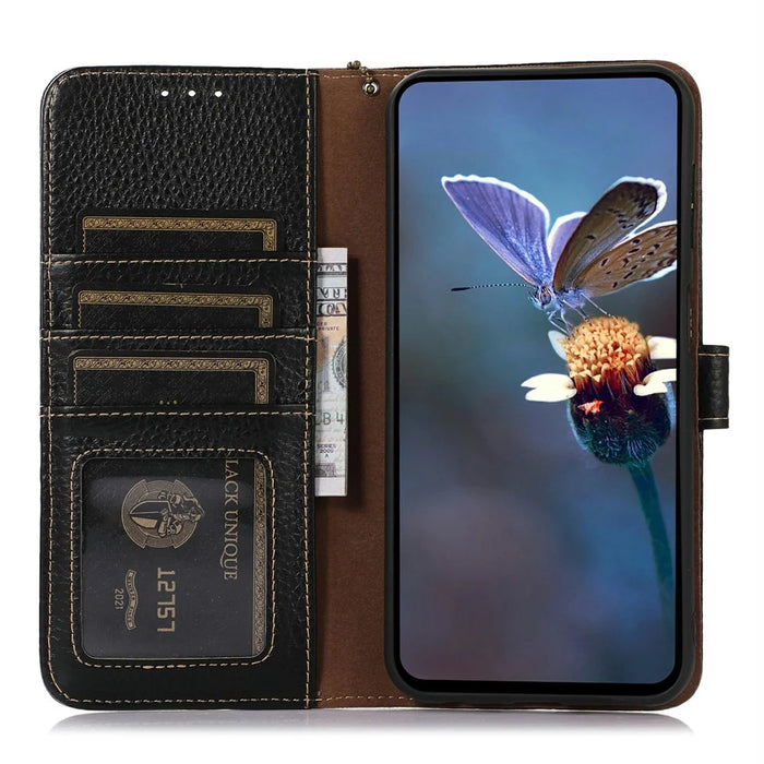 For OnePlus Ace 5 5G / 13R 5G Case RFID Blocking Genuine Cow Leather Phone Cover Litchi Texture - Black - 2