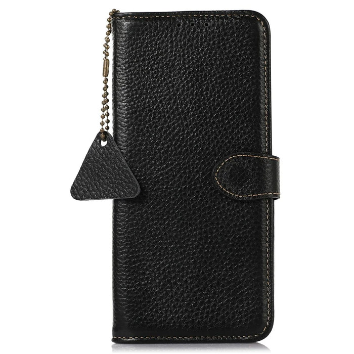 For OnePlus Ace 5 5G / 13R 5G Case RFID Blocking Genuine Cow Leather Phone Cover Litchi Texture - Black - 6