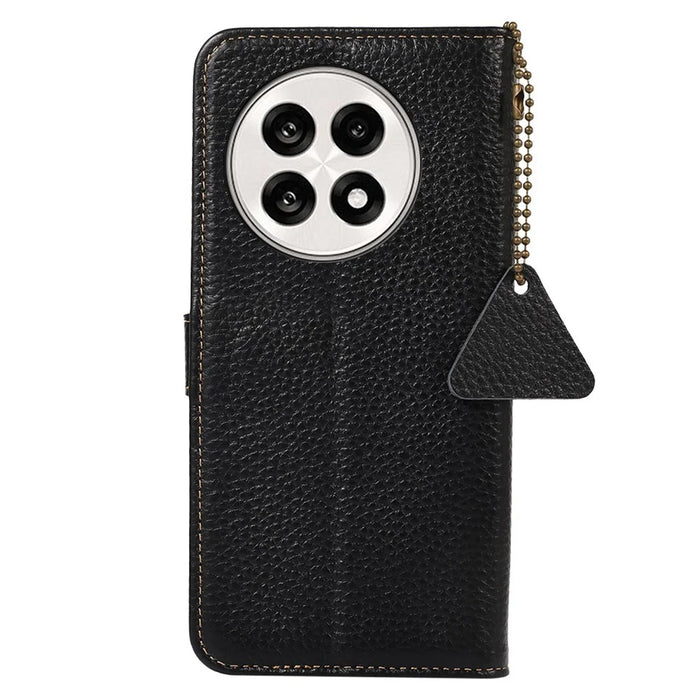 For OnePlus Ace 5 5G / 13R 5G Case RFID Blocking Genuine Cow Leather Phone Cover Litchi Texture - Black - 7