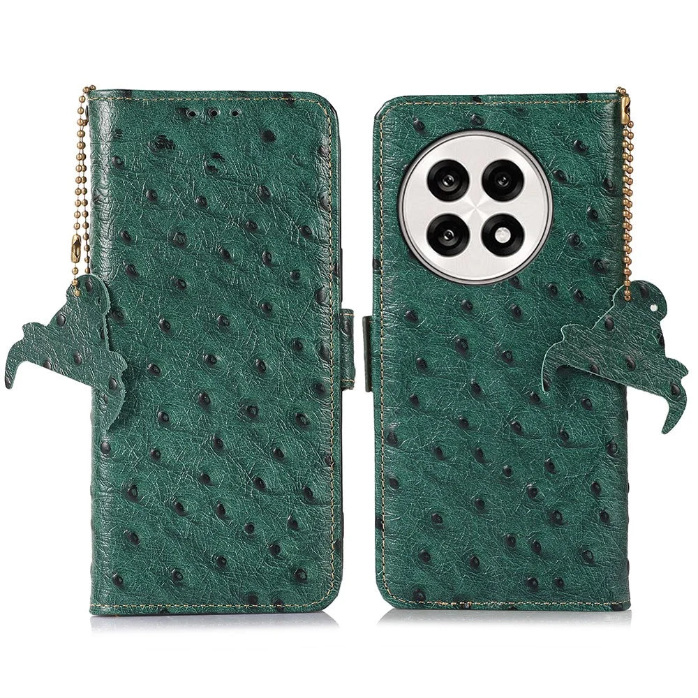 For OnePlus Ace 5 5G / 13R 5G Case RFID Blocking Genuine Cow Leather Phone Case Ostrich Texture - Green - 1
