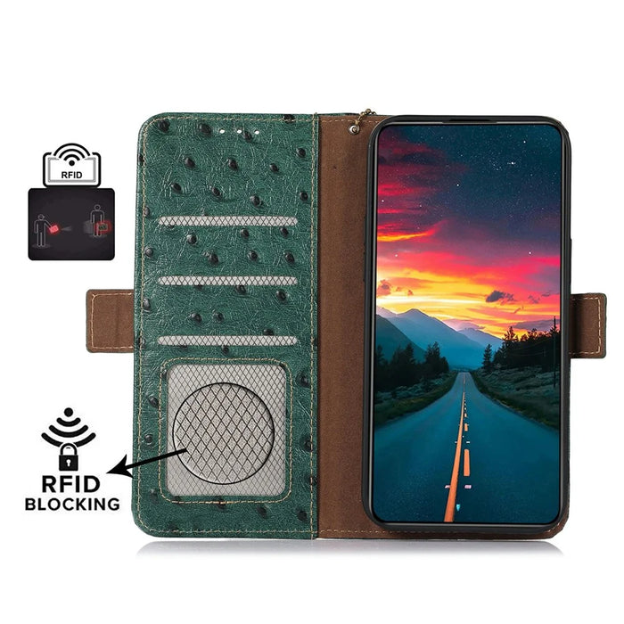 For OnePlus Ace 5 5G / 13R 5G Case RFID Blocking Genuine Cow Leather Phone Case Ostrich Texture - Green - 4