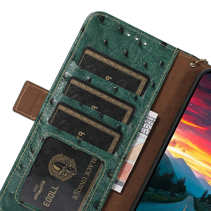 For OnePlus Ace 5 5G / 13R 5G Case RFID Blocking Genuine Cow Leather Phone Case Ostrich Texture - Green - 5