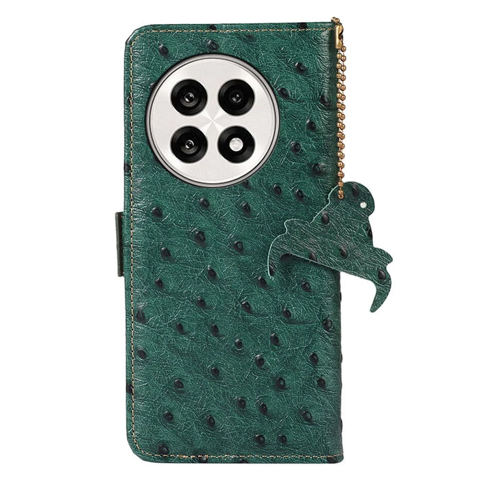 For OnePlus Ace 5 5G / 13R 5G Case RFID Blocking Genuine Cow Leather Phone Case Ostrich Texture - Green - 7