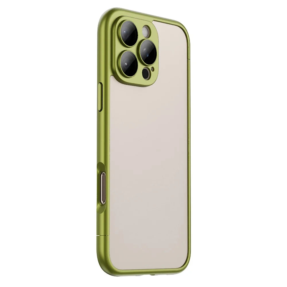 For iPhone 16 Pro Case Hard PC Rubberized Frame Back Hollow Design Matte Phone Cover with Glass Lens Film - Green - 1