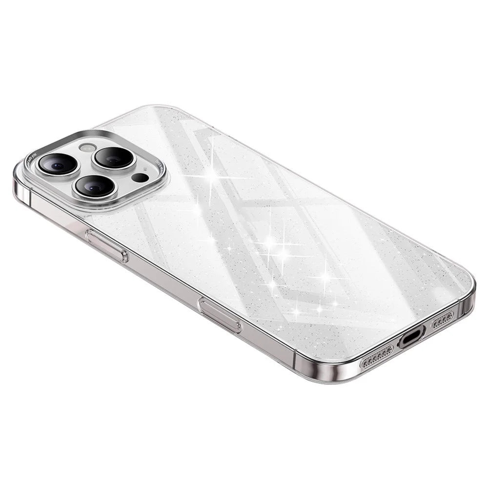 For iPhone 16 Pro Max Case PC + Glitter Glass Protective Phone Cover - Transparent - 1