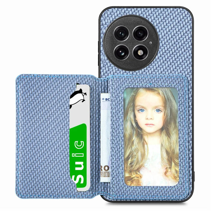 For OnePlus 13 Case RFID Blocking Carbon Fiber Leather Phone Back Cover with Card Holder - Blue - 2