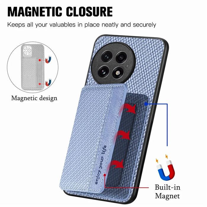 For OnePlus 13 Case RFID Blocking Carbon Fiber Leather Phone Back Cover with Card Holder - Blue - 3