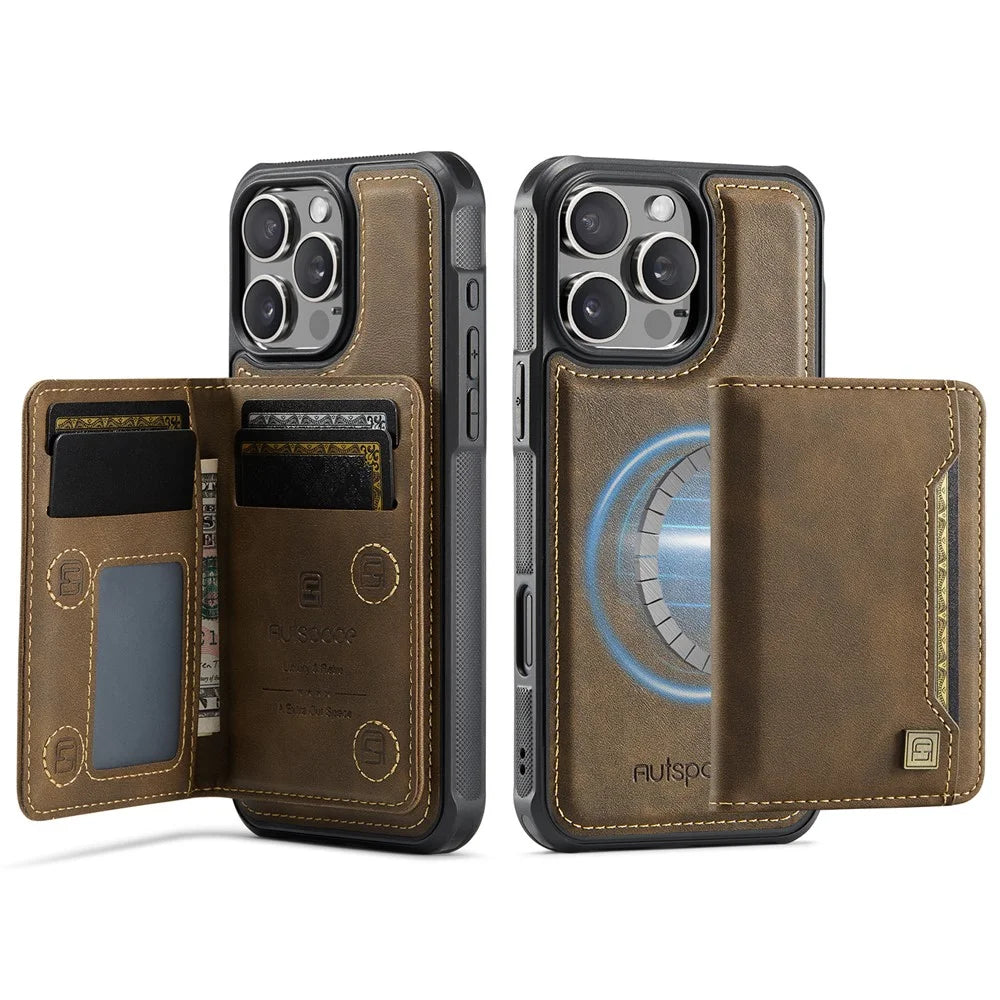 AUTSPACE For iPhone 16 Pro Case  A13 Vintage Leather Back Cover with Magnetic Detachable Card Bag - Coffee - 1