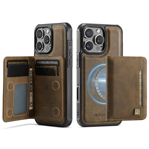 AUTSPACE For iPhone 16 Pro Case  A13 Vintage Leather Back Cover with Magnetic Detachable Card Bag - Coffee - 1