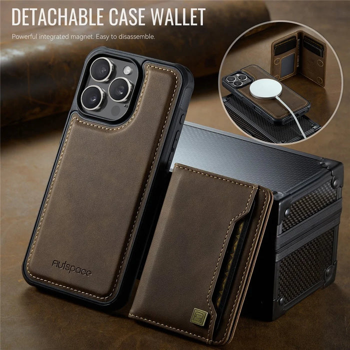 AUTSPACE For iPhone 16 Pro Case  A13 Vintage Leather Back Cover with Magnetic Detachable Card Bag - Coffee - 6