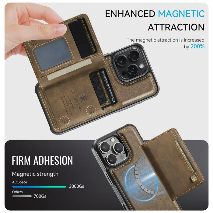 AUTSPACE For iPhone 16 Pro Case  A13 Vintage Leather Back Cover with Magnetic Detachable Card Bag - Coffee - 7