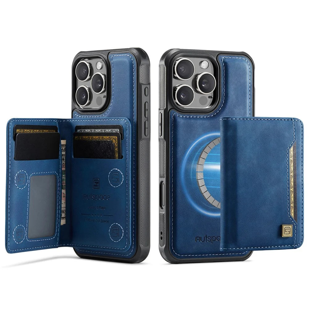 AUTSPACE For iPhone 16 Pro Max Case  A13 Vintage Leather Back Cover with Magnetic Detachable Card Bag - Blue - 1