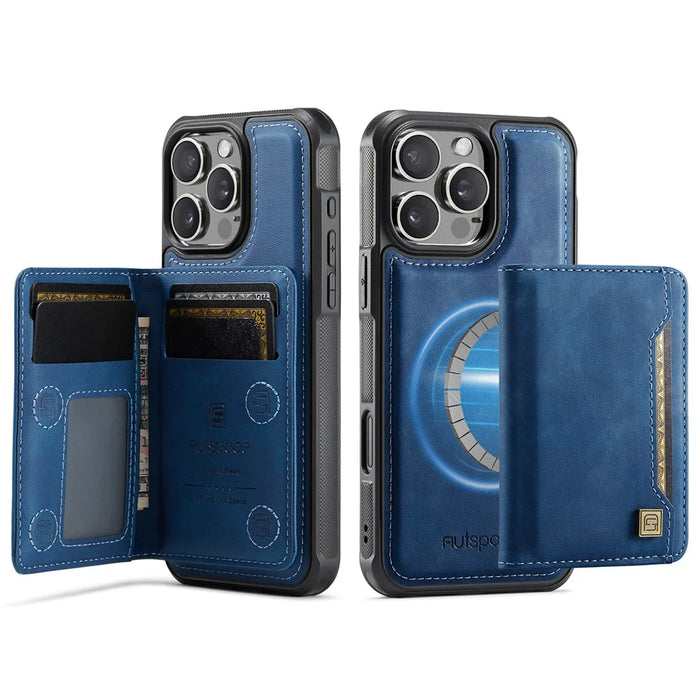 AUTSPACE For iPhone 16 Pro Max Case  A13 Vintage Leather Back Cover with Magnetic Detachable Card Bag - Blue - 1