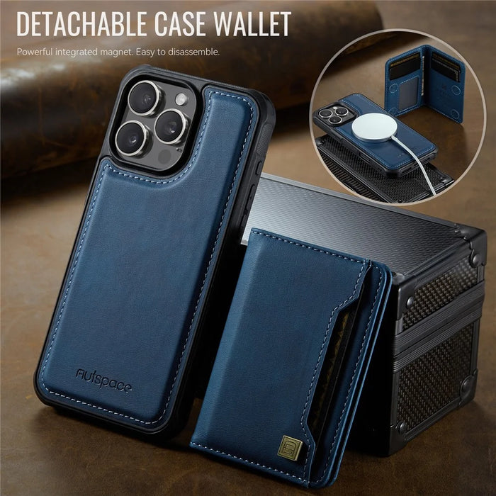 AUTSPACE For iPhone 16 Pro Max Case  A13 Vintage Leather Back Cover with Magnetic Detachable Card Bag - Blue - 6