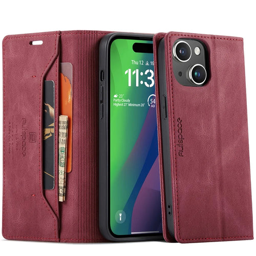 AUTSPACE Wallet Case For iPhone 15  A01 Leather Stand Cover with RFID Blocking Card Holder - Red - 1