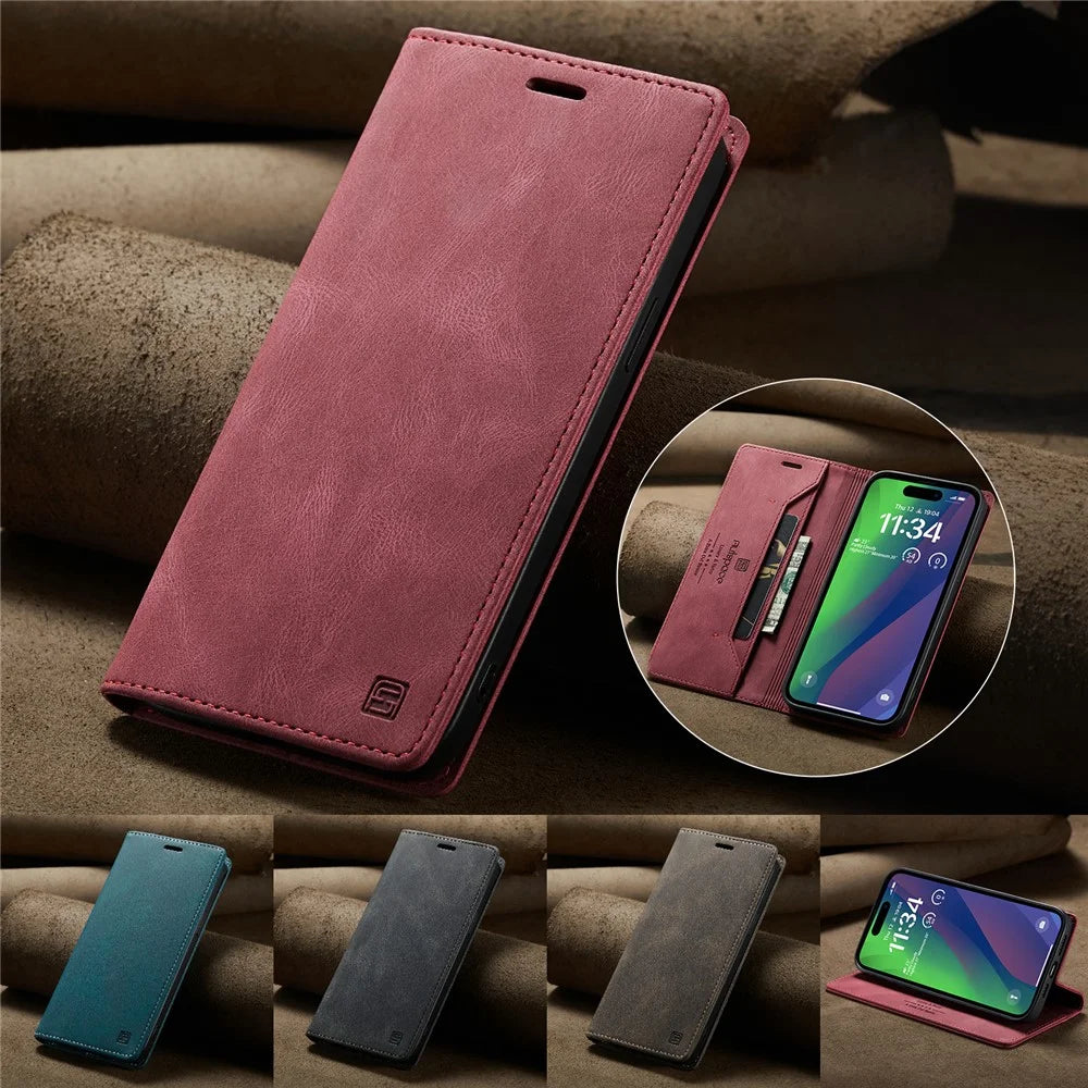 AUTSPACE Wallet Case For iPhone 15  A01 Leather Stand Cover with RFID Blocking Card Holder - Red - 4