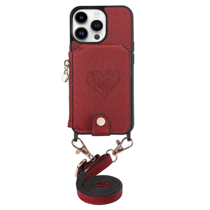 For iPhone 16 Pro Case Card Holder Kickstand Leather Back Cover with Shoulder Strap - Red - 1