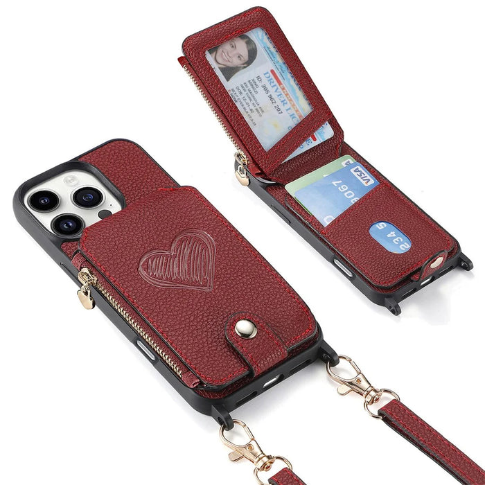 For iPhone 16 Pro Case Card Holder Kickstand Leather Back Cover with Shoulder Strap - Red - 4