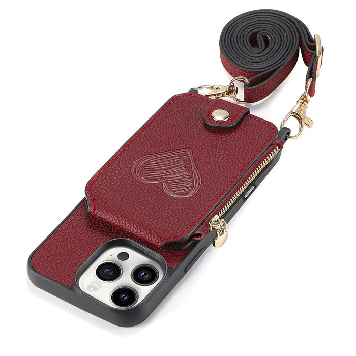 For iPhone 16 Pro Case Card Holder Kickstand Leather Back Cover with Shoulder Strap - Red - 5