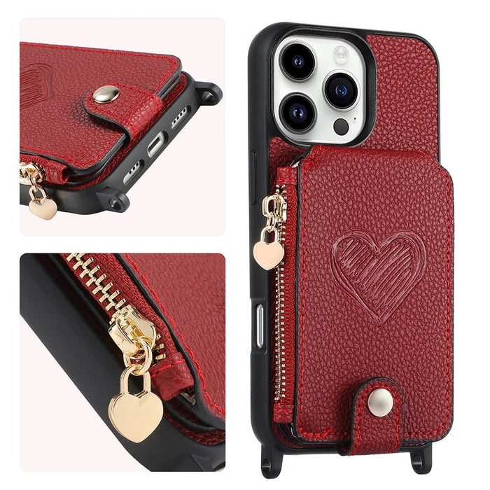 For iPhone 16 Pro Case Card Holder Kickstand Leather Back Cover with Shoulder Strap - Red - 6