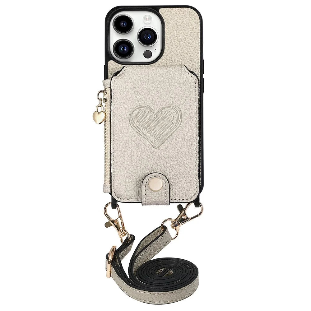 For iPhone 16 Pro Max Case Card Holder Kickstand Leather Back Cover with Shoulder Strap - Light Grey - 1