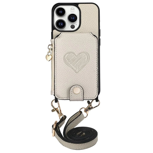 For iPhone 16 Pro Max Case Card Holder Kickstand Leather Back Cover with Shoulder Strap - Light Grey - 1