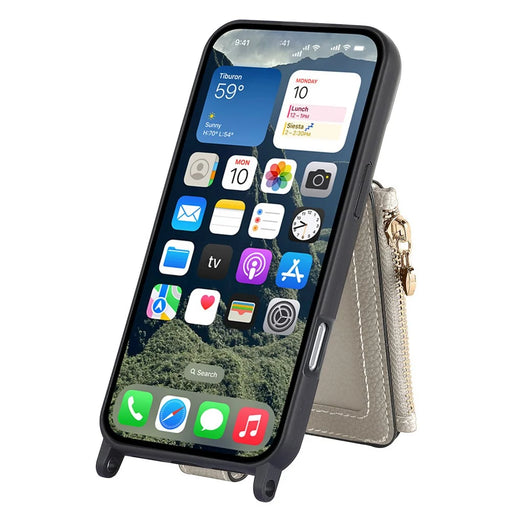For iPhone 16 Pro Max Case Card Holder Kickstand Leather Back Cover with Shoulder Strap - Light Grey - 2