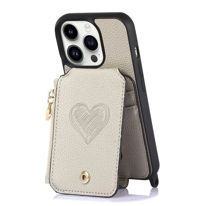 For iPhone 16 Pro Max Case Card Holder Kickstand Leather Back Cover with Shoulder Strap - Light Grey - 3