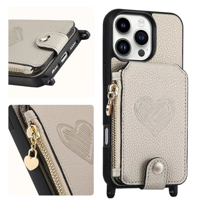 For iPhone 16 Pro Max Case Card Holder Kickstand Leather Back Cover with Shoulder Strap - Light Grey - 6