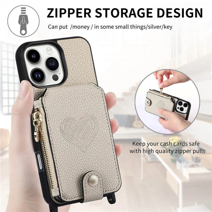 For iPhone 16 Pro Max Case Card Holder Kickstand Leather Back Cover with Shoulder Strap - Light Grey - 7