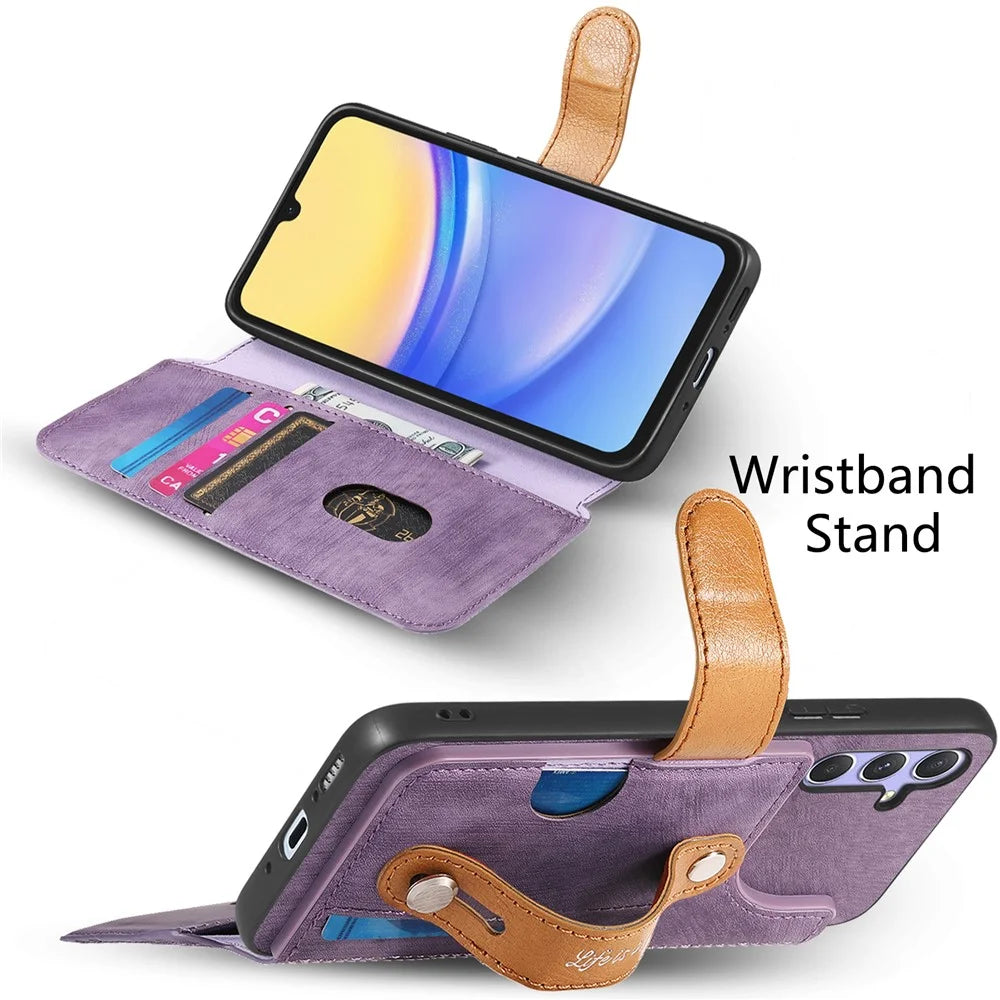 For Samsung Galaxy S24 FE Case Wallet Retro Leather Phone Cover with Wristband Kickstand - Purple - 3