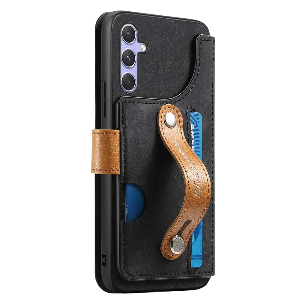 For Samsung Galaxy A26 5G Case Wallet Retro Leather Phone Cover with Wristband Kickstand - Black - 7