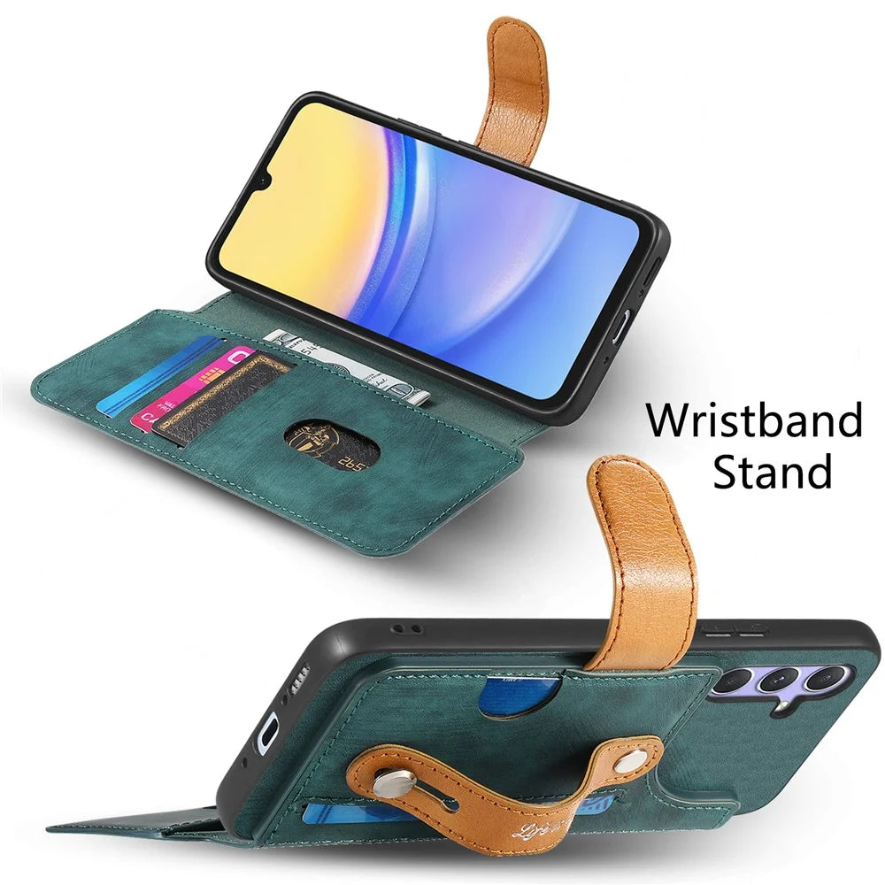 For Samsung Galaxy A16 4G / 5G Case Wallet Retro Leather Phone Cover with Wristband Kickstand - Green - 3