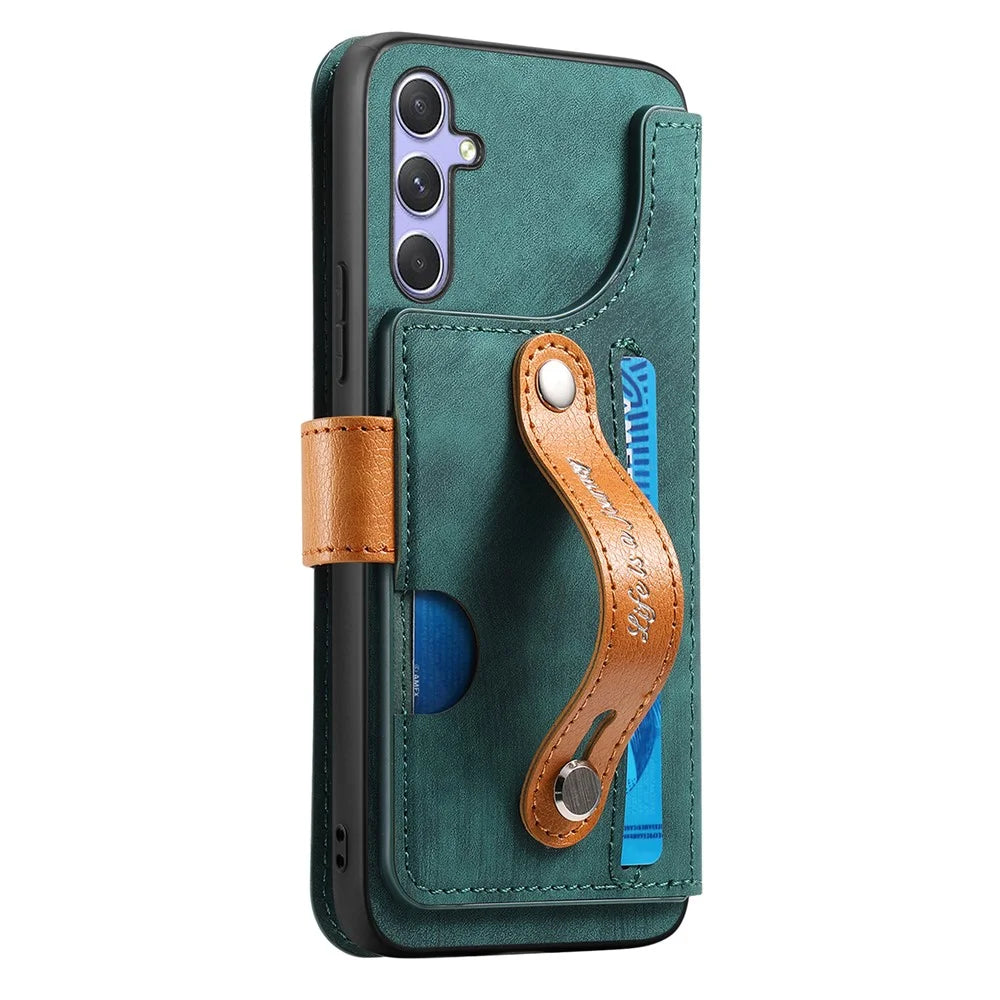For Samsung Galaxy A16 4G / 5G Case Wallet Retro Leather Phone Cover with Wristband Kickstand - Green - 7