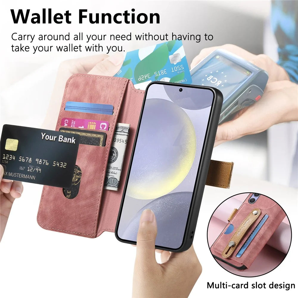 For Samsung Galaxy A36 5G Case Wallet Retro Leather Phone Cover with Wristband Kickstand - Pink - 3