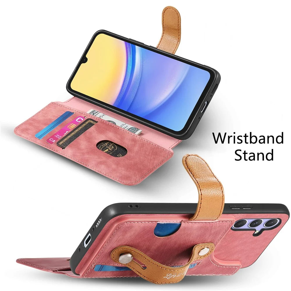 For Samsung Galaxy A36 5G Case Wallet Retro Leather Phone Cover with Wristband Kickstand - Pink - 5