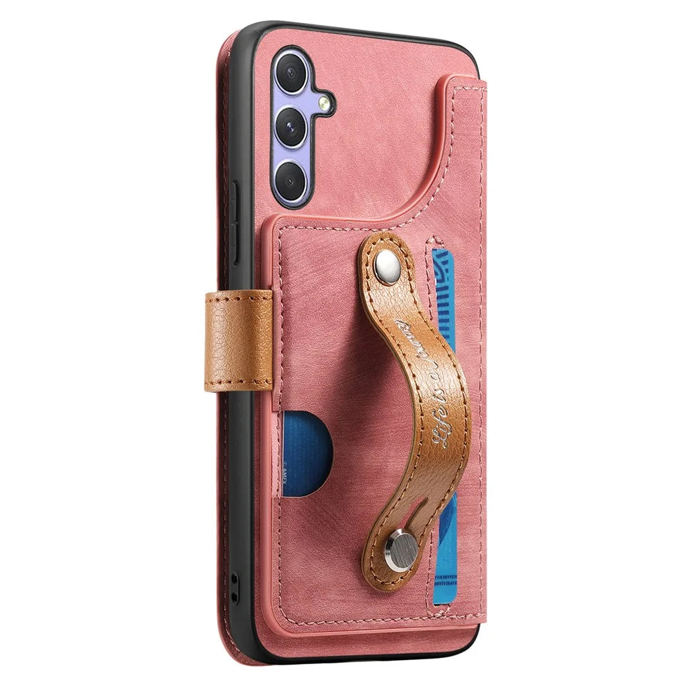 For Samsung Galaxy A36 5G Case Wallet Retro Leather Phone Cover with Wristband Kickstand - Pink - 7