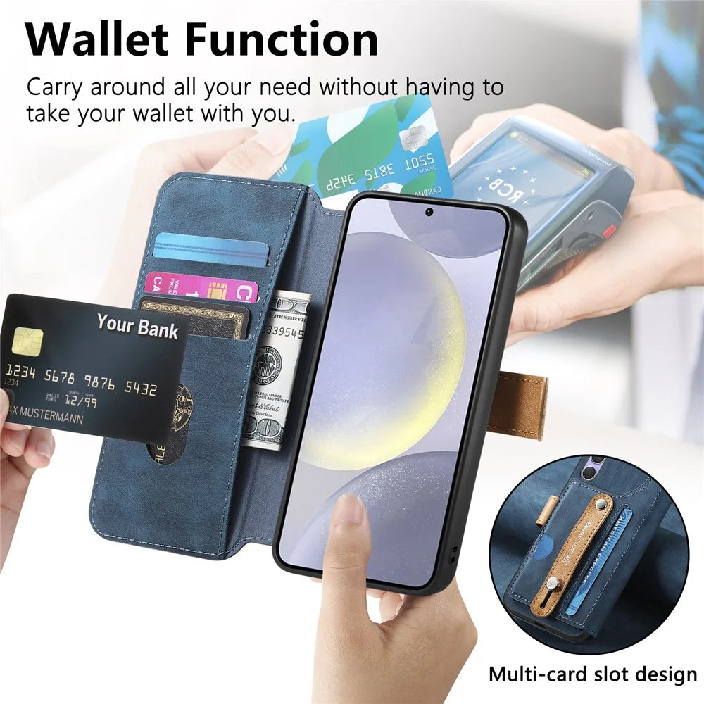 For Samsung Galaxy A25 5G (Global) Case Wallet Retro Leather Phone Cover with Wristband Kickstand - Blue - 3