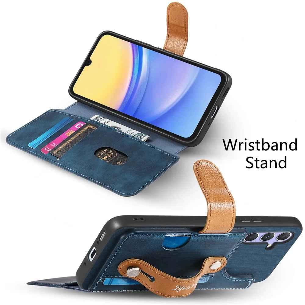 For Samsung Galaxy A25 5G (Global) Case Wallet Retro Leather Phone Cover with Wristband Kickstand - Blue - 5