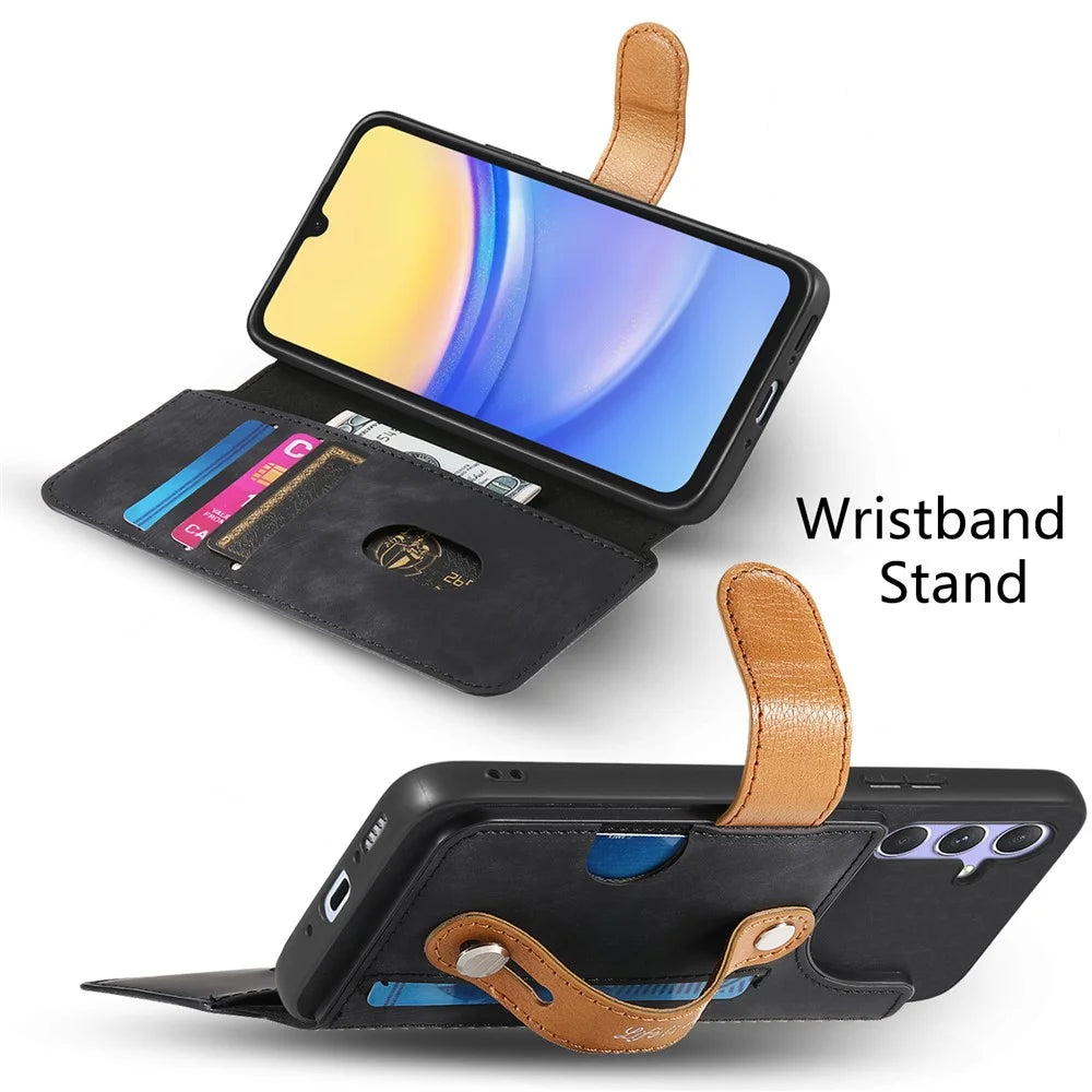 For Samsung Galaxy A35 5G Case Wallet Retro Leather Phone Cover with Wristband Kickstand - Black - 3
