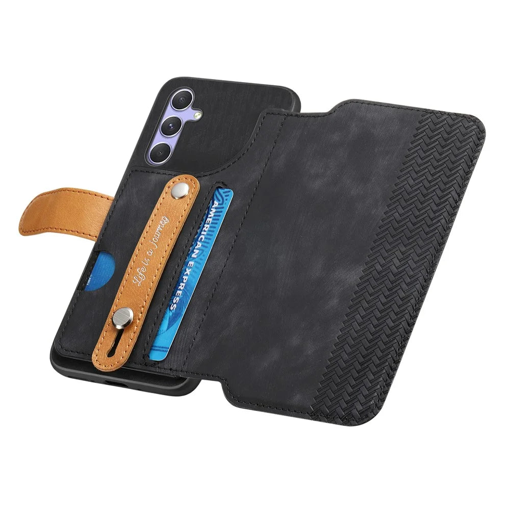 For Samsung Galaxy A35 5G Case Wallet Retro Leather Phone Cover with Wristband Kickstand - Black - 4