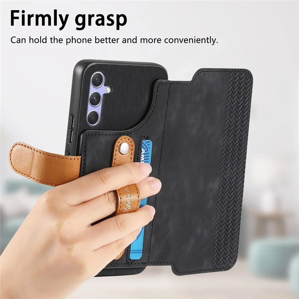 For Samsung Galaxy A35 5G Case Wallet Retro Leather Phone Cover with Wristband Kickstand - Black - 5