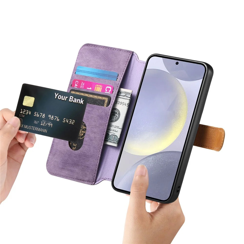 For Samsung Galaxy A15 4G / 5G Case Wallet Retro Leather Phone Cover with Wristband Kickstand - Purple - 4