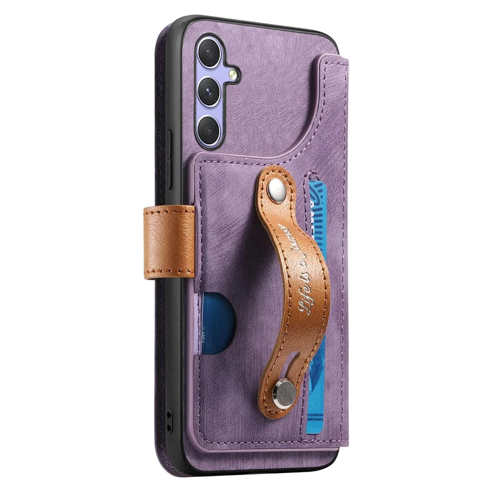 For Samsung Galaxy A15 4G / 5G Case Wallet Retro Leather Phone Cover with Wristband Kickstand - Purple - 7