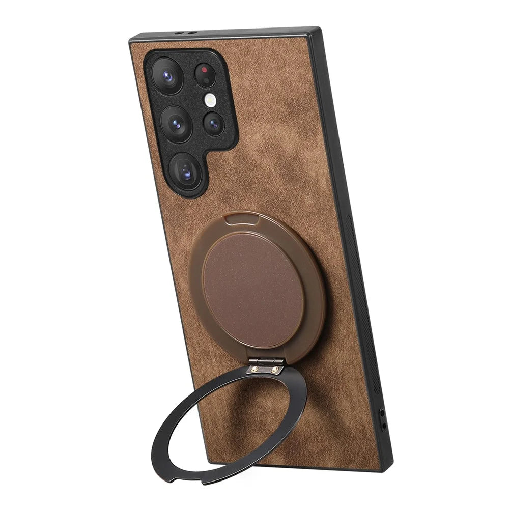 For Samsung Galaxy S24 Ultra Phone Case with Rotating Kickstand Stress Relief Retro Leather Back Cover - Brown - 2