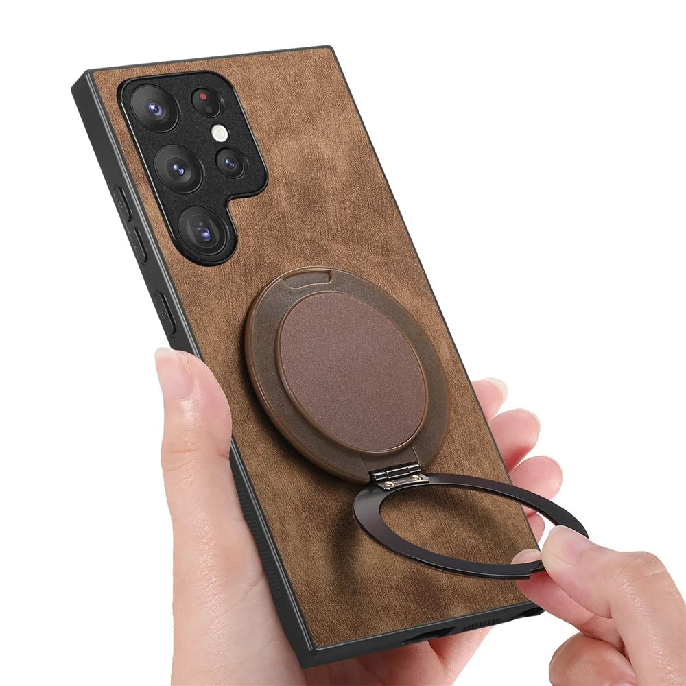For Samsung Galaxy S24 Ultra Phone Case with Rotating Kickstand Stress Relief Retro Leather Back Cover - Brown - 5